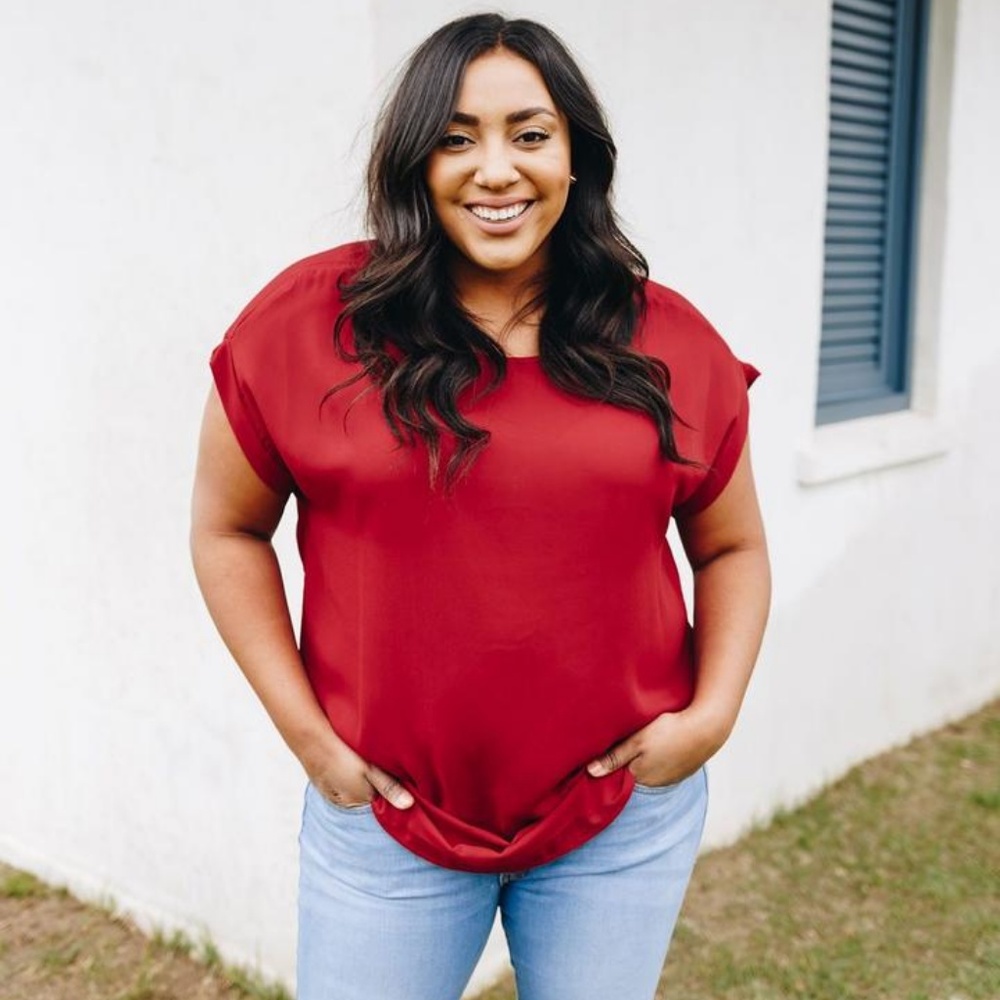 Women's Ruby Red Rolled Sleeve Top Plus Size 3X Boutique Blouse NWT